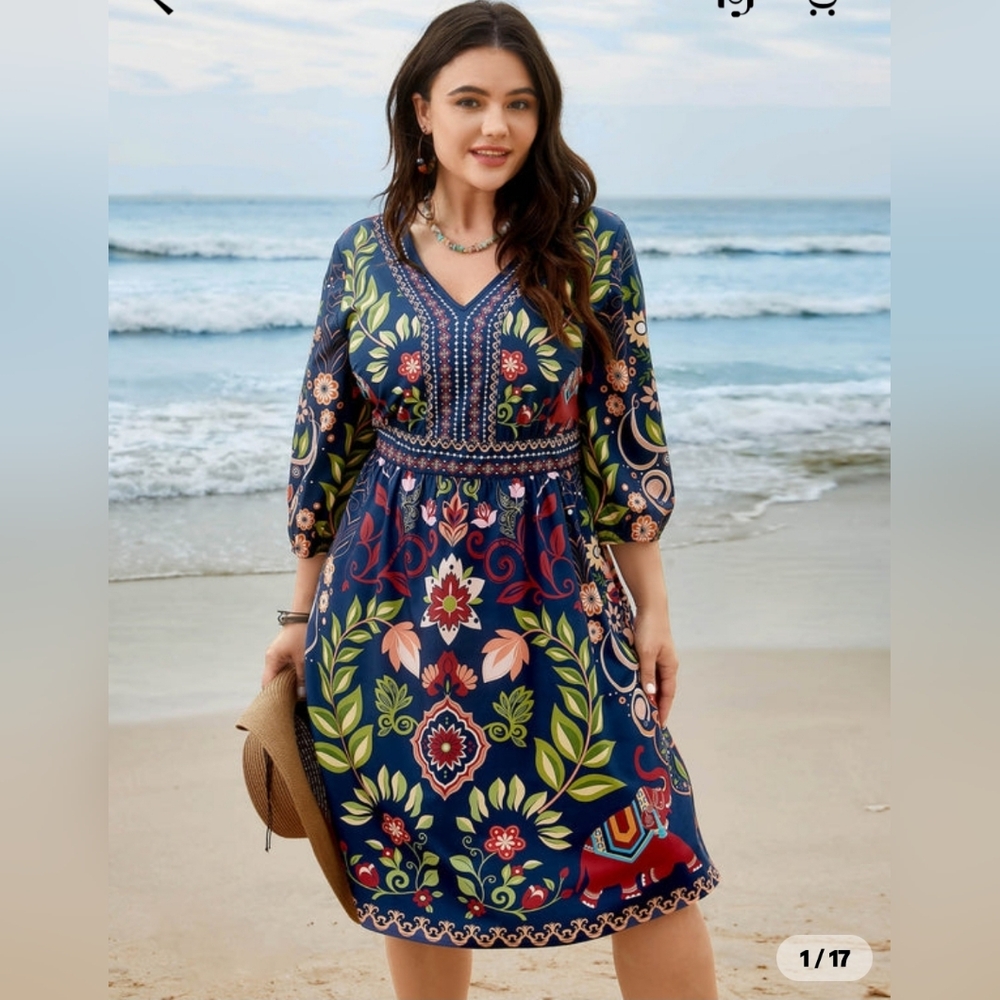 Boho Print V-Neck Pockets Midi Dress